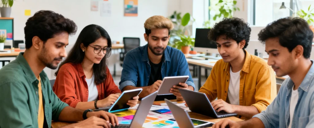 A team collaborating on website development